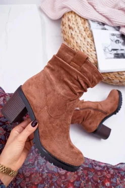 Botki Damskie Na Słupku Zamsz Camel Celma