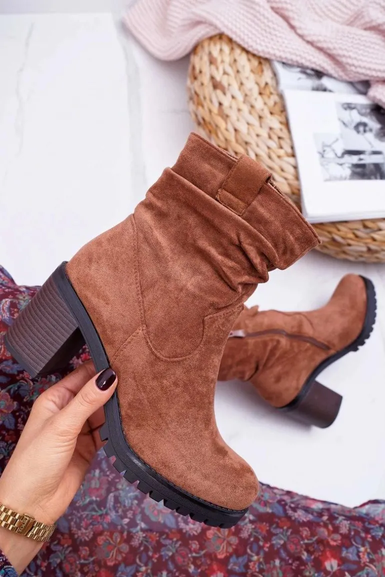 Botki Damskie Na Słupku Zamsz Camel Celma