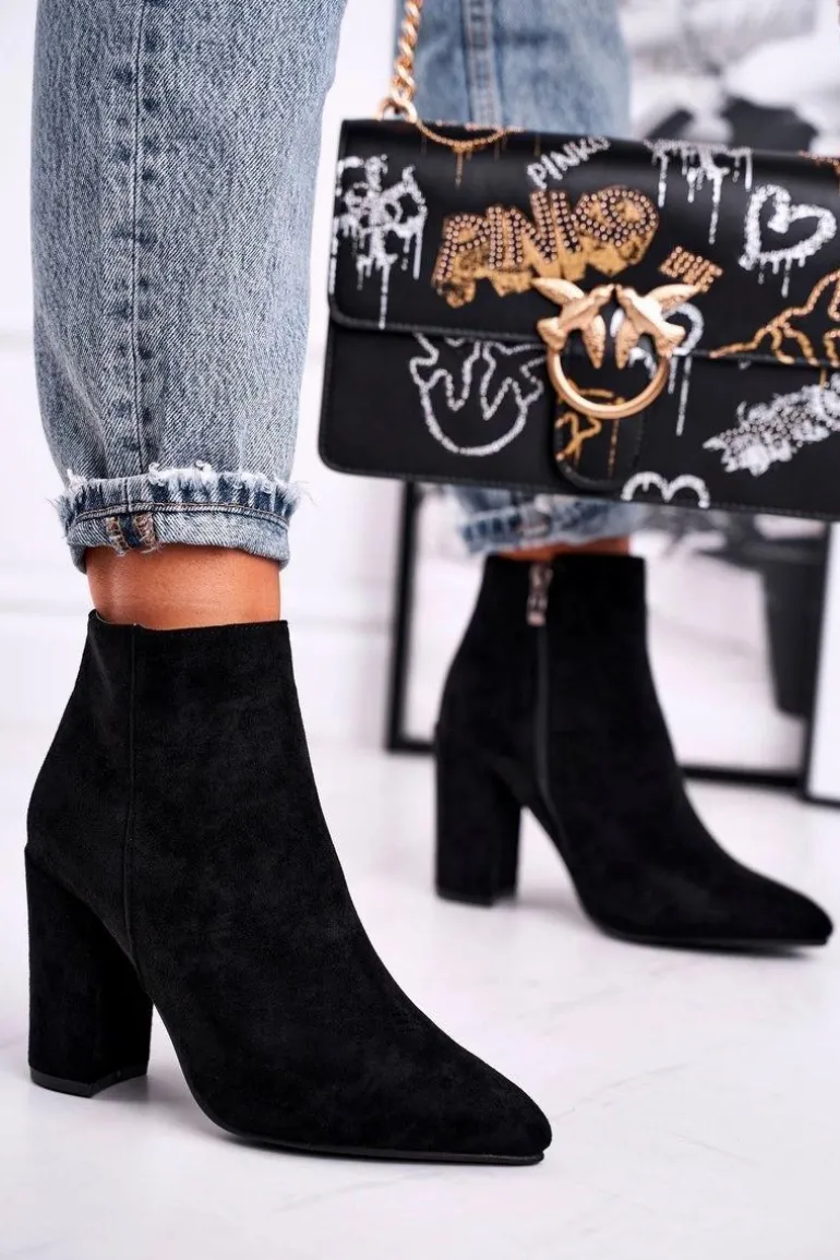 Botki Damskie na Słupku Zamszowe Czarne Sharks