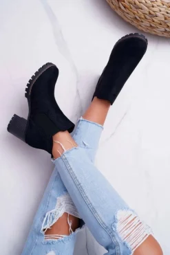 Botki Damskie na Słupku Zamszowe Czarne Shanto