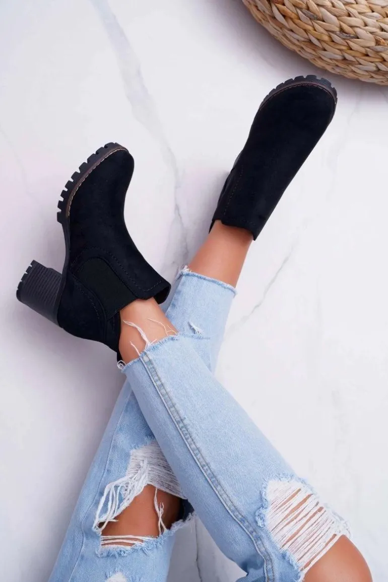 Botki Damskie na Słupku Zamszowe Czarne Shanto