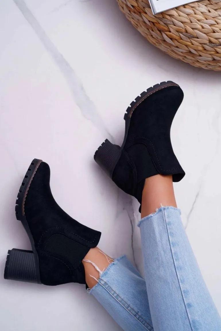 Botki Damskie na Słupku Zamszowe Czarne Shanto