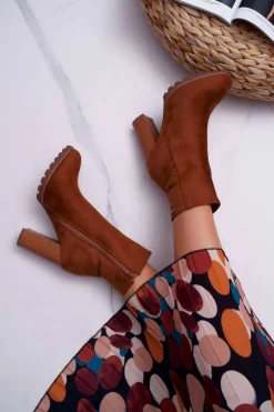 Botki Damskie na Słupku Zamszowe Camel Cadillac