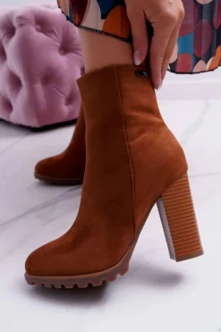 Botki Damskie na Słupku Zamszowe Camel Cadillac