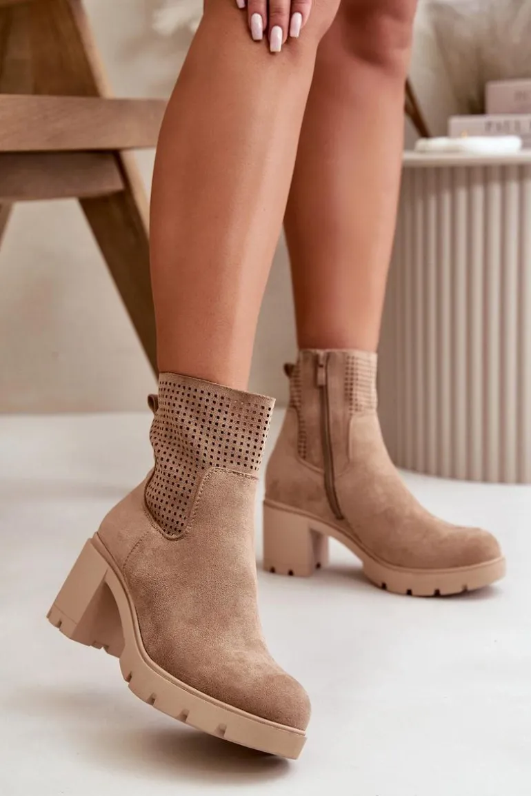 Botki Damskie Na Słupku Zapinane Na Zamek Eko Zamszowe Beżowe Rashmi