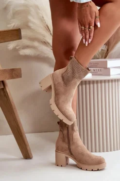Botki Damskie Na Słupku Zapinane Na Zamek Eko Zamszowe Beżowe Rashmi
