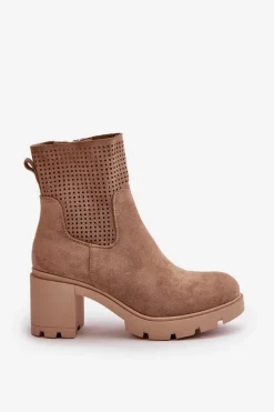 Botki Damskie Na Słupku Zapinane Na Zamek Eko Zamszowe Beżowe Rashmi