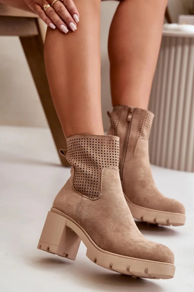 Botki Damskie Na Słupku Zapinane Na Zamek Eko Zamszowe Beżowe Rashmi
