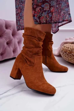 Botki Damskie Na Słupku Zamsz Camel Endless