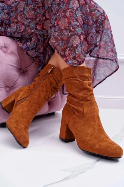 Botki Damskie Na Słupku Zamsz Camel Endless