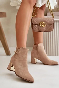 Botki Damskie Na Słupku Zapinane Na Zamek Eko Zamszowe Ciemnobeżowe Bonucci