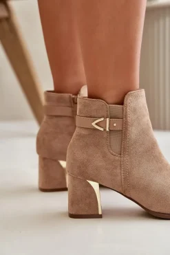 Botki Damskie Na Słupku Zapinane Na Zamek Eko Zamszowe Ciemnobeżowe Bonucci