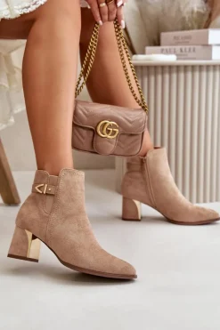 Botki Damskie Na Słupku Zapinane Na Zamek Eko Zamszowe Ciemnobeżowe Bonucci