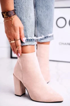 Botki Damskie na Słupku Zamszowe Beżowe Sharks