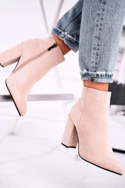 Botki Damskie na Słupku Zamszowe Beżowe Sharks