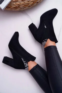 Botki Damskie na Słupku Zamszowe Czarne Jollow