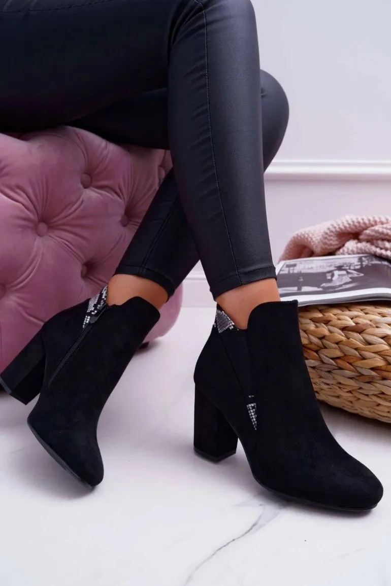 Botki Damskie na Słupku Zamszowe Czarne Jollow