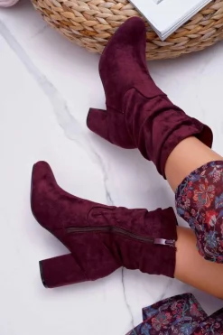 Botki Damskie Na Słupku Zamsz Bordowe Endless