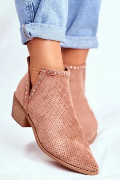 Botki Damskie Na Słupku Zamszowe Ażurowe Różowe Margate