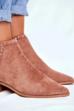 Botki Damskie Na Słupku Zamszowe Ażurowe Różowe Margate