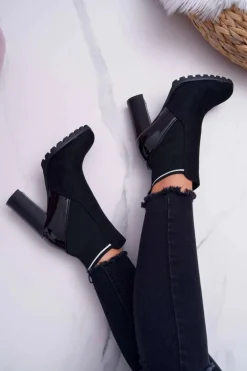 Botki Damskie na Słupku Zamszowe Czarne Fenem