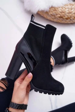 Botki Damskie na Słupku Zamszowe Czarne Fenem