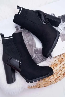 Botki Damskie na Słupku Zamszowe Czarne Fenem