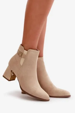 Botki Damskie Na Słupku Zapinane Na Zamek Eko Zamszowe Jasnobeżowe Bonucci