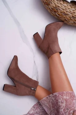 Botki Damskie na Słupku Zamszowe Khaki Sharks