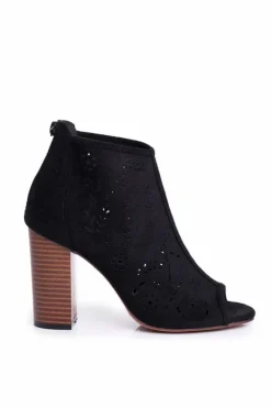 Botki Damskie Na Słupku Zamszowe Ażurowe Czarne Papillon