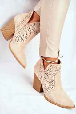 Botki Damskie Na Słupku Zamszowe Ażurowe Jasno Beżowe Shades