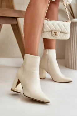 Botki Damskie Na Słupku Zapinane Na Zamek Ocieplane Eko Skórzane Jasnobeżowe Mevair