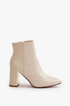 Botki Damskie Na Słupku Zapinane Na Zamek Ocieplane Eko Skórzane Jasnobeżowe Mevair