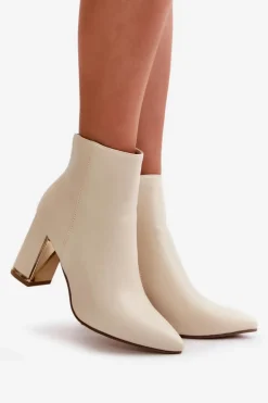 Botki Damskie Na Słupku Zapinane Na Zamek Ocieplane Eko Skórzane Jasnobeżowe Mevair