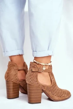 Botki Damskie Na Słupku Zamszowe Ażurowe Camel Morrena
