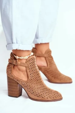 Botki Damskie Na Słupku Zamszowe Ażurowe Camel Morrena