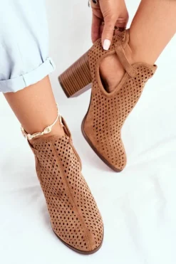 Botki Damskie Na Słupku Zamszowe Ażurowe Camel Morrena