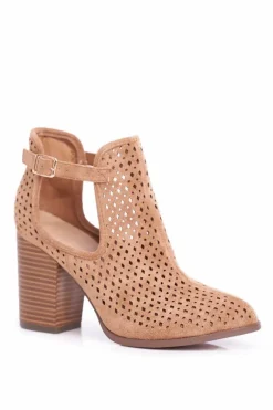 Botki Damskie Na Słupku Zamszowe Ażurowe Camel Morrena