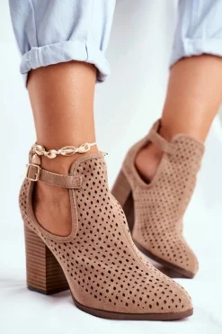 Botki Damskie Na Słupku Zamszowe Ażurowe Beżowe Morrena