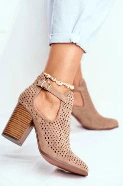 Botki Damskie Na Słupku Zamszowe Ażurowe Beżowe Morrena