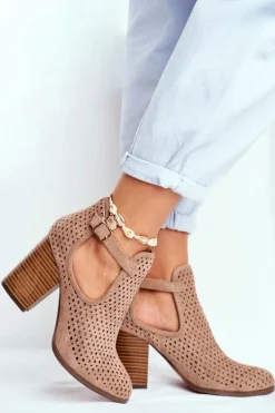 Botki Damskie Na Słupku Zamszowe Ażurowe Beżowe Morrena