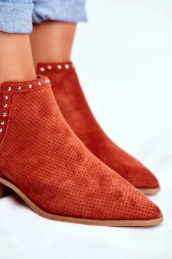 Botki Damskie Na Słupku Zamszowe Ażurowe Pomarańczowe Margate