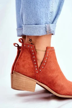Botki Damskie Na Słupku Zamszowe Ażurowe Pomarańczowe Margate