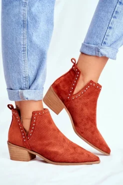 Botki Damskie Na Słupku Zamszowe Ażurowe Pomarańczowe Margate
