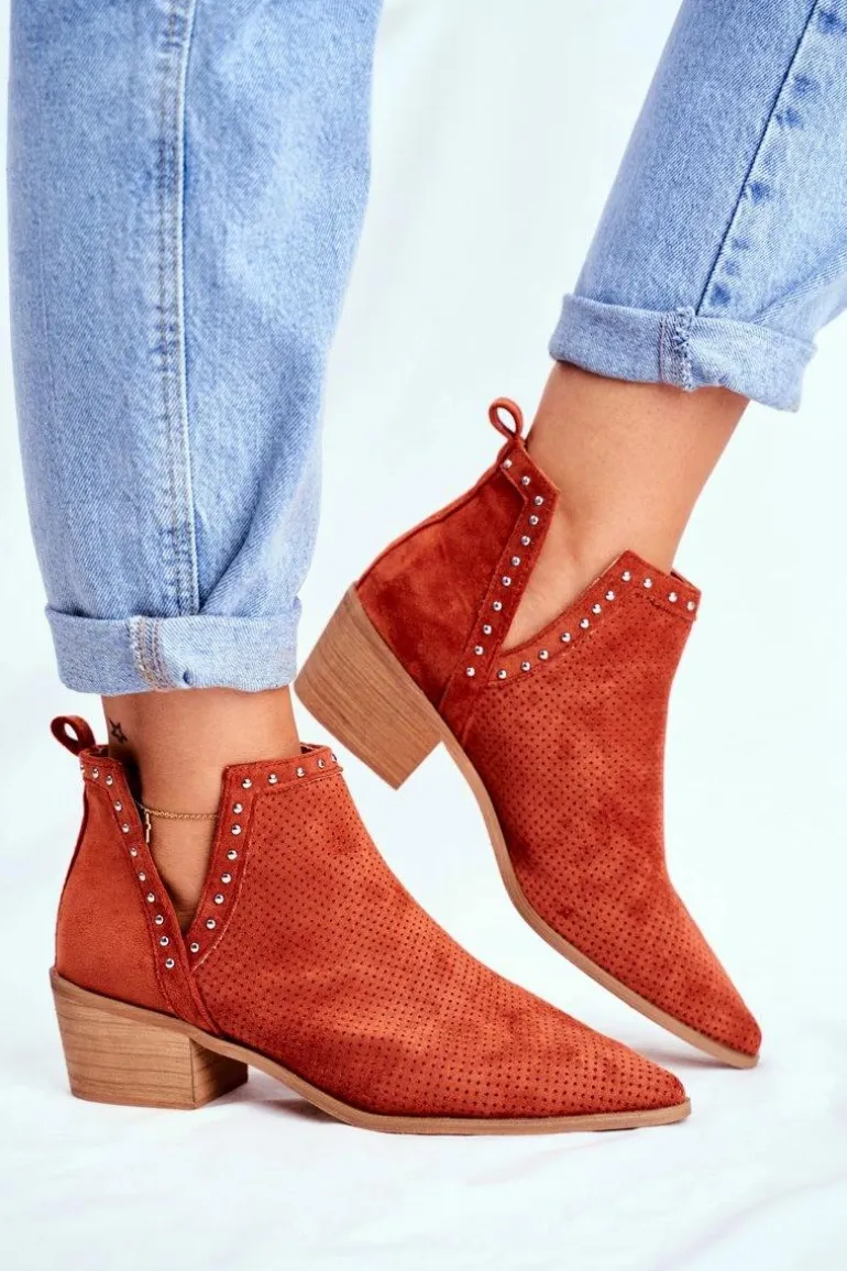 Botki Damskie Na Słupku Zamszowe Ażurowe Pomarańczowe Margate