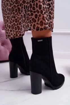 Botki Damskie na Słupku Zamszowe Czarne Cadillac