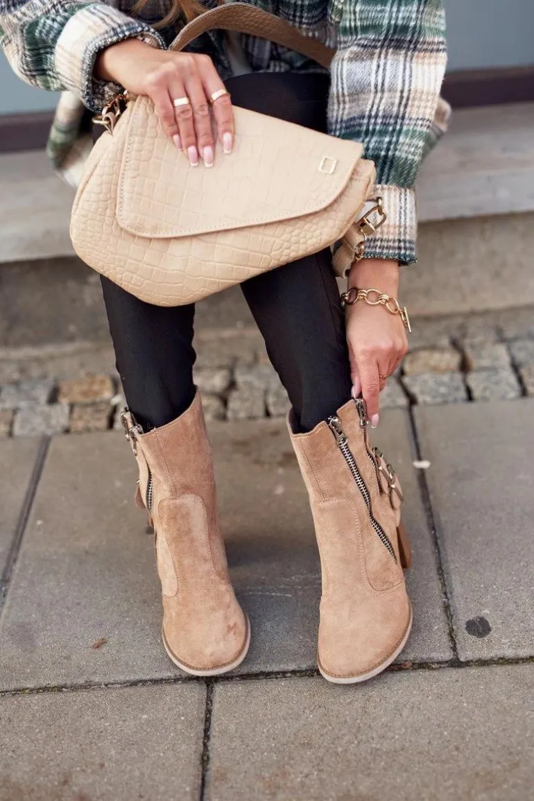 Botki Damskie Na Słupku Zamszowe Beżowe Anabelle