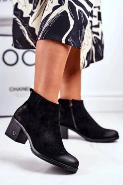 Botki Damskie Na Słupku Zamszowe Czarne Volares
