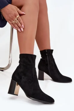 Botki Damskie Na Słupku Ze Złotym Elementem Ocieplane Czarne Amelisse