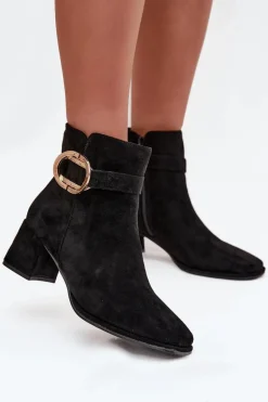 Botki Damskie Na Słupku Ze Złotą Klamrą Czarne Calissa